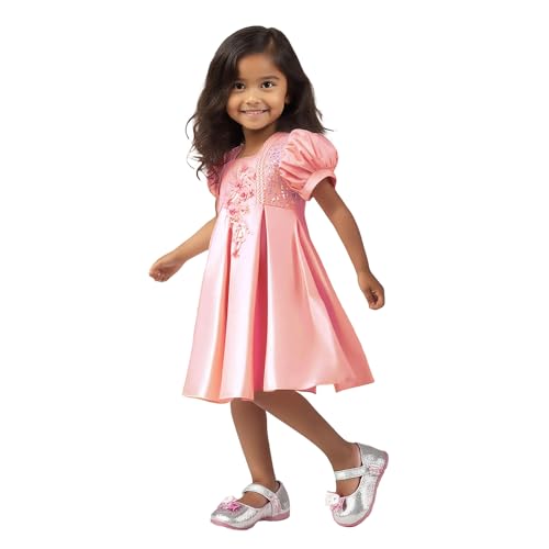 Hopscotch Girls Floral Embroidered Party Dress in Peach Color for Age (6-8 Years)