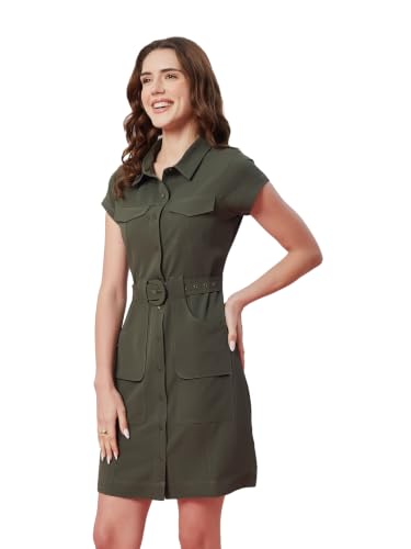 Latin Quarters Women's Green Solid Cap Sleeves Collar Neck Casual Shirt Dress_XXL