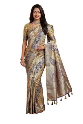 VFCollections Women's Traditional Handloom Kanchipuram Silk Pure Pattu Sarees | Rich Zari Woven Design | Bridal Saree | Unstitched Blouse (VFC629-3)