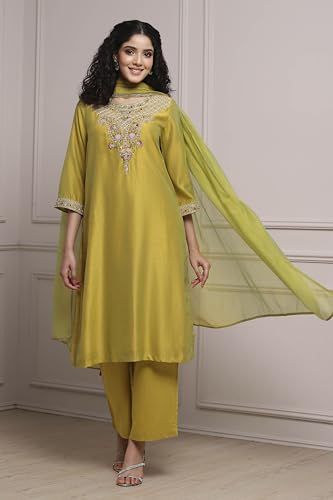 Biba Women Lime Green Chanderi Straight Dyed Suit Set_42