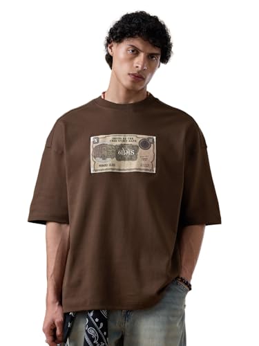 The Souled Store Nomad: Retro Rupee Men and Boys Short Sleeves Round Neck Dark Brown Printed Graphic Casual Drop Shoulder Streetwear Trendy Super Oversized T-Shirt