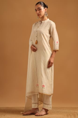 Soch Womens Mustard Linen Printed Stripes Hand Embroidery Salwar Suit