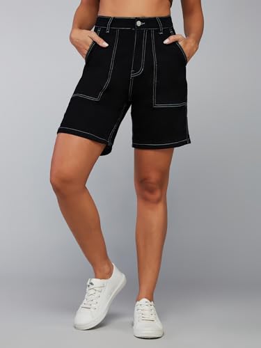 Dolce Crudo Women's Regular High Rise Above Knee Stretchable Denim Shorts (DOSS23DEN09-12-347-34, Raven Black, 34)