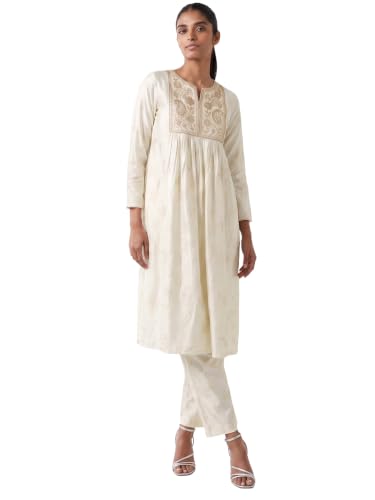 Max Women Embroidered A-line Kurta Set(Off White_L)