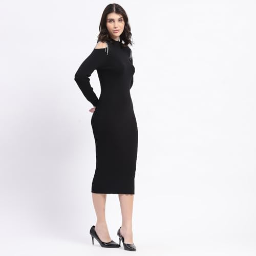 Madame Rhinestone Embellished Cold Shoulder Black Midi Dress