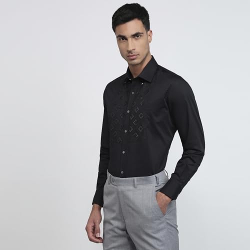 Raymond Men Regular Fit Embroidery Pattern Pure Cotton Cut Away Collar Full Sleeve Tail Bottom Hem Ceremonial Shirt Black