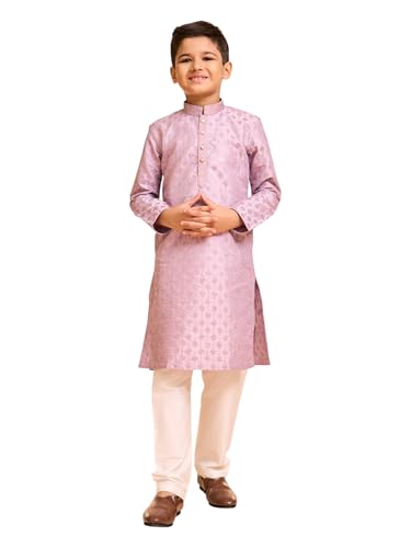 Manyavar Boys Art Silk Thread Embroidery|Sequins Kurta Pyjama Set (Lilac,10-12Y)
