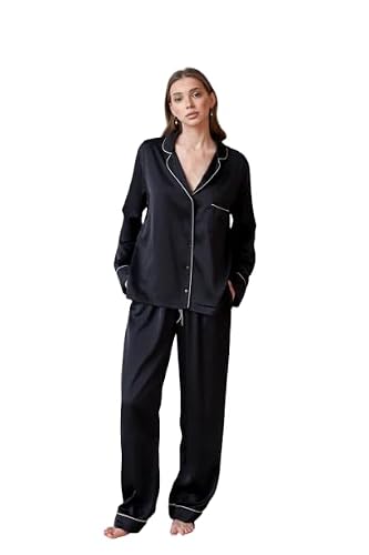 bellababebysk Women's Classic Satin Pajama Set | Long Sleeve | Button-Down Top with Contrast Piping | Wide-Leg Pants | Deep Lapel | Soft Satin Pjs | Luxury Coords Set (Black, 3XL)