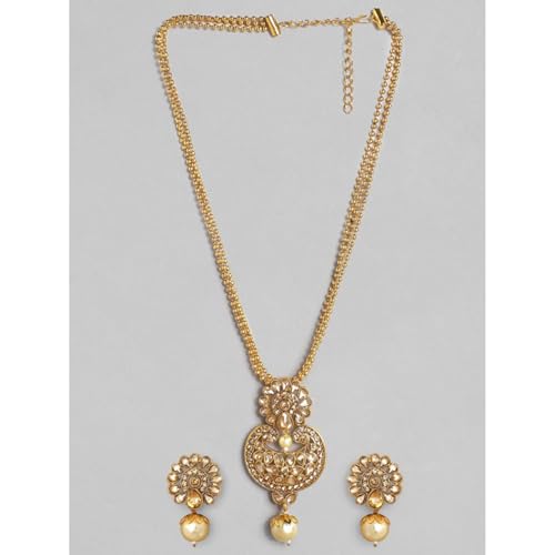 Rubans Women's 22K Gold-Plated Beige Cz-Studded Pearl Beaded Handcrafted Jewellery Set