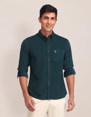U.S. POLO ASSN. Tailored Fit Corduroy Shirt (USSHT2407_Dark Green_48)