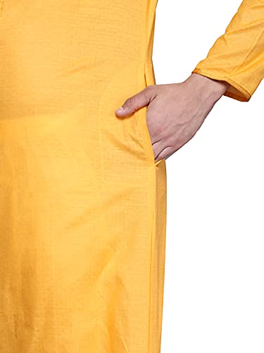 Manyavar Plain Knee Long Kurta and Churidar Set for Men - (Yellow, Large)