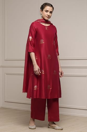 Biba Women Red Chanderi Relaxed Dyed Kurta Pants Set_34