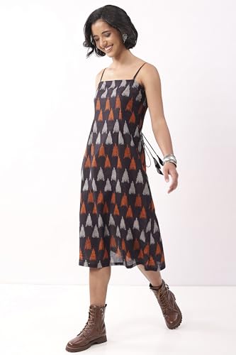 Biba Nxt Women Black Cotton Abstract Printed Strappy Midi Dress_38