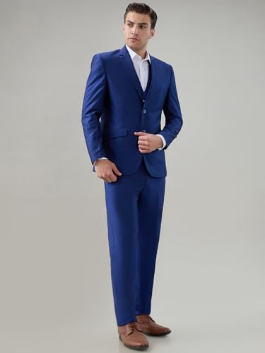 Park Avenue Men Super Slim Fit Structure Pattern Terelyne Rayon Blend Notch Lapel Full Sleeve Formal Suit Blue