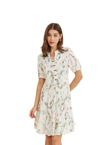 Latin Quarters Women's White Mandarin Neck Half Sleeves Printed Casual A-Line Dress_L