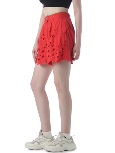 ONLY Women's Self Design Regular Fit High-Rise Red Shorts