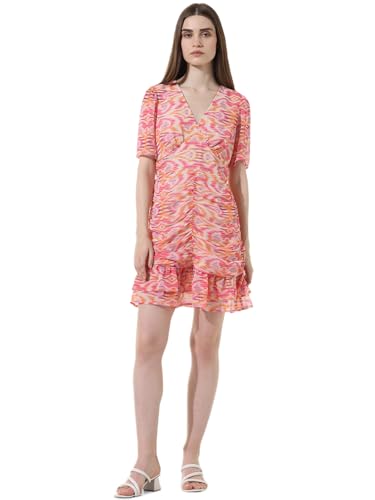 ONLY Women Printed Polyester Above Knee Pink Tiered Dress