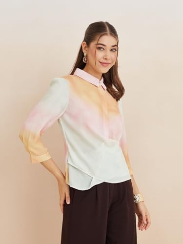 Latin Quarters Women's Pink Collar Neck 3/4Th Sleeves Tie-Dye Casual Top_L