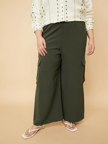 Max Women Solid Wide Leg Cargos (Green_3XL)