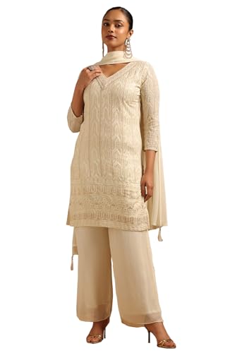 Soch Womens Cream Georgette Ethnic Motifs Salwar Suit With Hand Embroidery and Pearl Details
