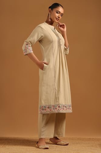 Soch Womens Beige Pure Cotton Solid Kurta Set With Kantha Embroidery