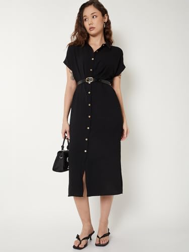 Max Women Solid Shirt Dress with Belt (Black_L)
