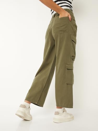 Max Women Solid Cargo Trousers (Green_26)