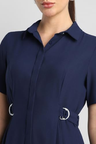Women Navy Solid Calf Length Formal Dress