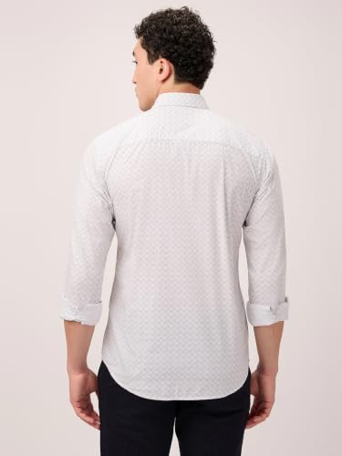 Park Avenue Men Slim Fit Print Pattern Pure Cotton Semi Cut Away Collar Full Sleeve Casual Shirt White