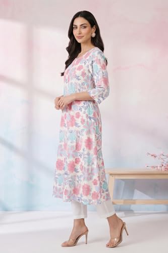 W for Woman White Floral Printed Pure Cotton Flared Kurta with Trousers Set - (WS14520K-128160-XS)