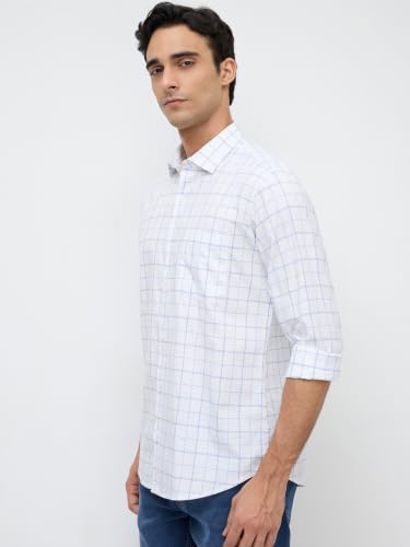 Park Avenue Men Slim Fit Checks Pattern Pure Cotton Short Collar Full Sleeve Casual Shirt Blue