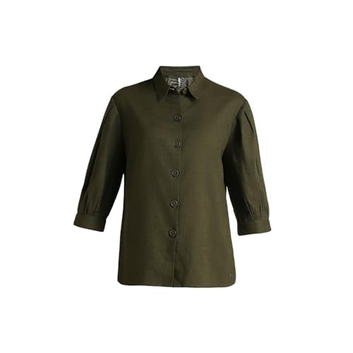 Pepe Jeans Women's Solid Relaxed Fit Shirt (PL304917_Olive Green