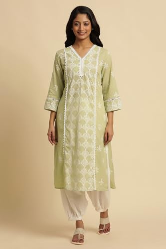 W for Woman Women's Cotton Floral Regular Kurta (24FEW10491-123114_Light Green