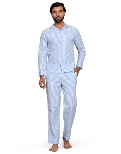 B STORIES Men's 100% Cotton Full Sleeve PJ Set - Blue Stripes Checkered Nightwear Set MWWPJ-001-24031 | Soft Loungewear | Comfortable Sleepwear | Stylish Casual Home Wear Shirt & Pant (2XL)