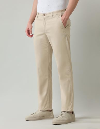 Arrow Sports Men's Beige Solid Mid Rise Cotton Button Regular Fit Flat Front Slant Pocket Trousers (ASAJTR2622_Beige_36)