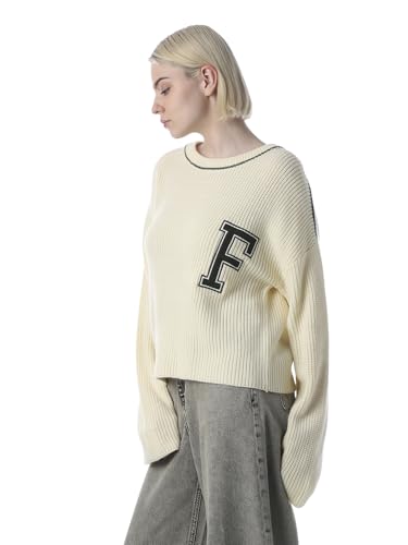 ONLY Women's Typography Relaxed Fit Beige Sweater