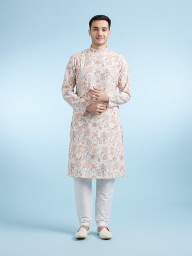 DIWAS BY MANYAVAR Men's Printed Side-Open Kurta Pyjama Set (Beige,L)