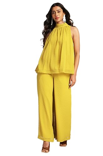 Janasya Women's Yellow Dobby Chiffon Solid Co-ord Set(SET916-CO-ORD-L)