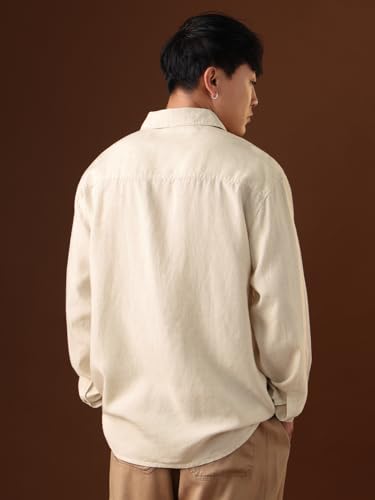 The Souled Store Nomad: Lines of Stitch Men and Boys Long Sleeve Spread Collar Beige Embroidered Linen Blend Casual Lightweight Easy to Style Office Wear Oversized Shirt