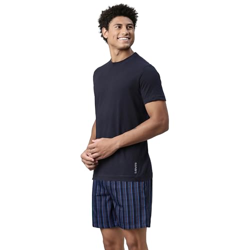 Levis' Men's Regular Fit 100% Cotton Round Neck Half Sleeve T Shirt with Checkered Boxer Shorts Set (Navy Blazer/Indigo Night Check, M)