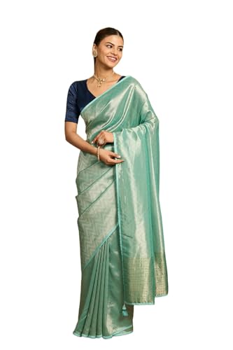 Taneira Women Light Blue Woven Viscose Tissue Saree with Unstitched Blouse Piece (SAPP03AC2548-Light Blue)