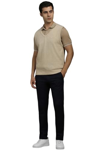 Men Navy Contemporary Fit Textured Flat Front Casual Trousers