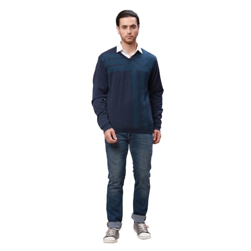 Park Avenue Men's Regular Fit Acrylic Wool Blend Full Sleeve V Neck Checks Pattern Dark Blue Casual Sweater (Size: XS)-PCWA00267-B8