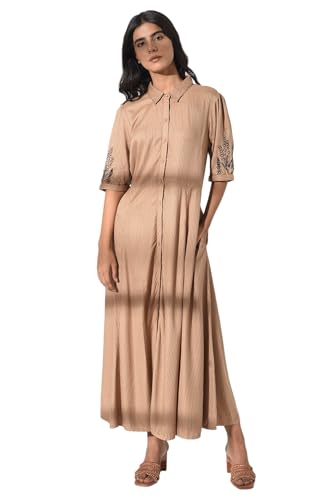 W for Woman Women's Rayon Tan Brown Shirt Dress with Embroidery Calf Length (21AUW17045