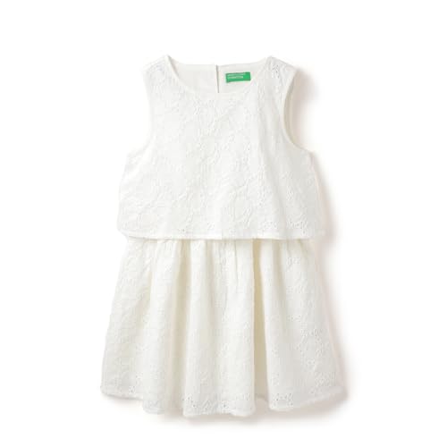 United Colors of Benetton Regular Fit Round Neck Heart Schiffli Tiered Dress (Size: 12-13 Years)-25P4LACDR0SWI101 Off White