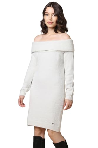 Allen Solly Women's Polyester Blend Classic High-Low Dress (White)