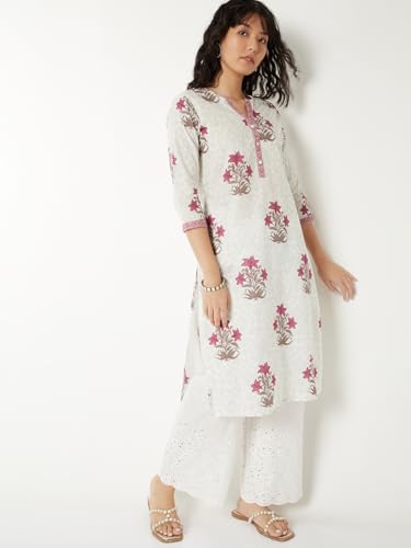 Max Women Floral Print Straight Kurta(White_L)