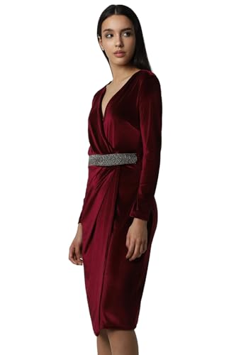 Van Heusen Women's Polyester Blend Shift Knee-Length Dress (VWCDERGHX23055_Maroon