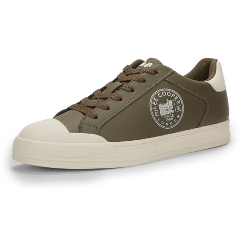 Lee Cooper Men's Olive Leather Sneakers – Lace-Up Casual Sports Shoes
