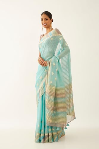 Taneira Women Blue Tissue Georgette Woven Saree with Unstitched Blouse Piece (SPG07J00040-Blue)